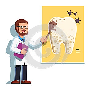 Dentist man showing tooth with caries on poster