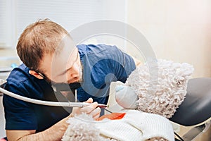 Dentist a man with a teddy bear in the form of a patient in a chair.