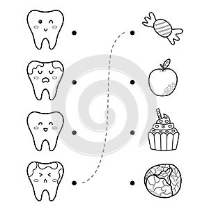 Dentist maze game for kids. What is good for teeth and what is not activity page