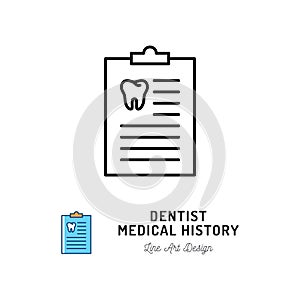 Dentist Medical History icon. Dentist`s Notebook and tooth icon. Dental Care and Stomatology thin line art icons. Vector