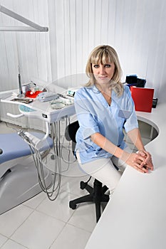 Dentist office interior with female doctor