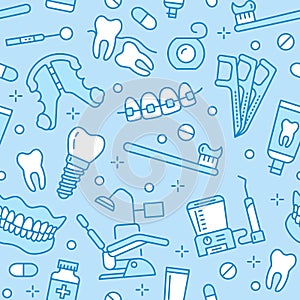 Dentist, orthodontics blue seamless pattern with line icons. Dental care, medical equipment, braces, tooth prosthesis