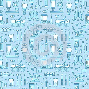 Dentist, orthodontics blue seamless pattern with line icons. Health care background for dentistry clinic. Dental care