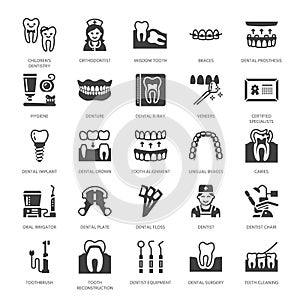 Dentist, orthodontics flat glyph icons. Dental equipment, braces, tooth prosthesis, veneers, floss, caries treatment