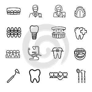 Dentist, orthodontics line icon. Dental treatment kits, braces, dental prostheses, veneers, threads, caries treatment and medical