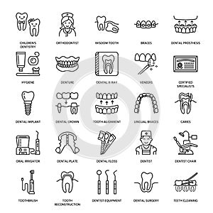 Dentist, orthodontics line icons. Dental care equipment, braces, tooth prosthesis, veneers, floss, caries treatment