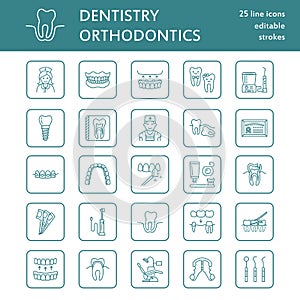 Dentist, orthodontics line icons. Dental care equipment, braces, tooth prosthesis, veneers, floss, caries treatment and