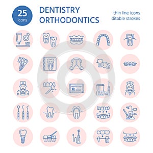 Dentist, orthodontics line icons. Dental care equipment, braces, tooth prosthesis, veneers, floss, caries treatment and