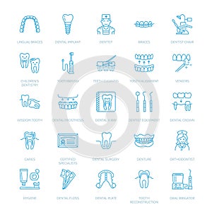 Dentist, orthodontics line icons. Dental care equipment, braces, tooth prosthesis, veneers, floss, caries treatment and