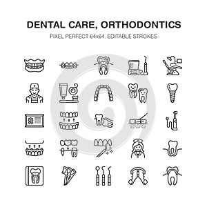 Dentist, orthodontics line icons. Dental equipment, braces, tooth prosthesis, veneers, floss, caries treatment medical