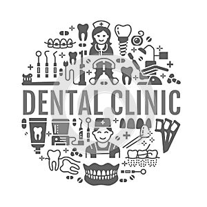 Dentist, orthodontics medical banner with vector line icon of dental care equipment, braces, tooth prosthesis, veneers