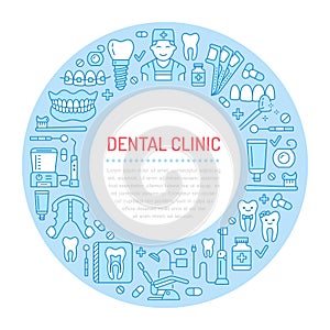 Dentist, orthodontics medical banner with vector line icon of dental care equipment, braces, tooth prosthesis, veneers