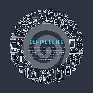 Dentist, orthodontics medical banner with vector line icon of dental care equipment, braces, tooth prosthesis, veneers