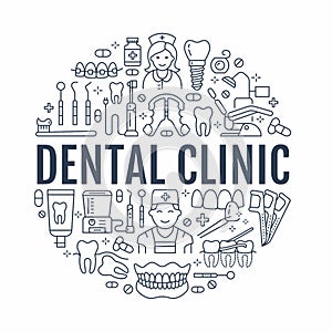 Dentist, orthodontics medical banner with vector line icon of dental care equipment, braces, tooth prosthesis, veneers