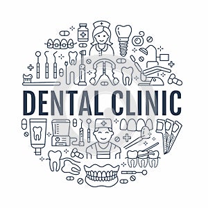 Dentist, orthodontics medical banner with vector line icon of dental care equipment, braces, tooth prosthesis, veneers photo