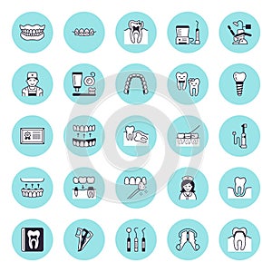 Dentist, orthodontics vector flat line icons. Dental care equipment, braces, tooth prosthesis, veneers, floss, caries