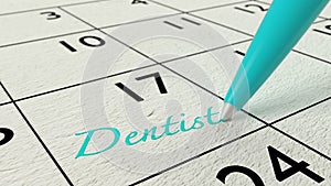 Dentist paper calendar entry and blue pen