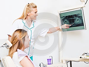 Dentist and patient looking at a teeth x-ray