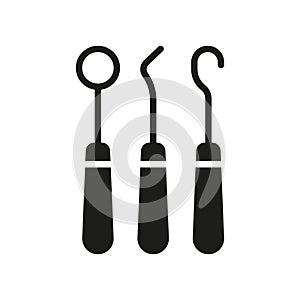 Dentist's Tools for Tooth Medical Care Silhouette Icon. Dentistry Professional Equipment Glyph Pictogram