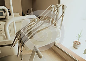 A dentist's work tools. Mouth cleaning, fillings, extractions