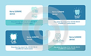 Dentist set of business cards vector illustration. Healthy tooth under protection with glowing effect, teeth whitening