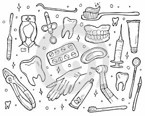 Dentist set including dentist tools and dental care tools. Vector hand drawn dental collection