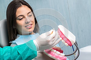 Dentist showing patient interdental cleaning