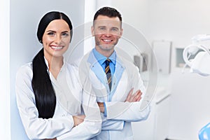 Dentist Team at Dental Clinic. Two Smiling Doctors at their Work