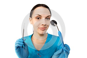 Dentist with tools. Concept of dentistry, whitening, oral hygiene, teeth cleaning with toothbrush, floss. Dentistry, taking care