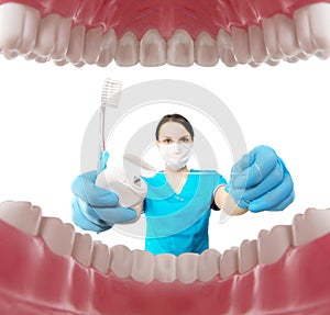 Dentist with tools. Concept of dentistry, whitening, oral hygiene, teeth cleaning with toothbrush, floss. Dentistry, taking care