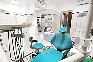 Dentist tools and professional dentistry chair waiting