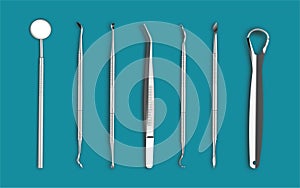 Dentist tools set on green background, vector illustration