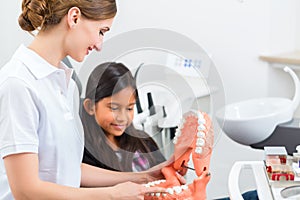 Dentist with toothbrush, denture, and little patient