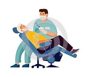 Dentist treats patient teeth. Stomatology concept. Man sitting in medical armchair, dental doctor checking oral hygiene