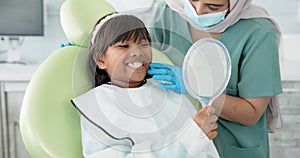 Dentist, woman and child with mirror for dental health, results and teeth cleaning service with medical advice or