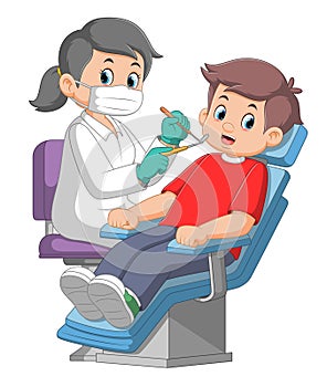 Dentist woman holding instruments and examining patient man teeth looking inside mouth