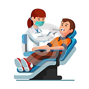 Dentist woman examining patient man teeth, mouth