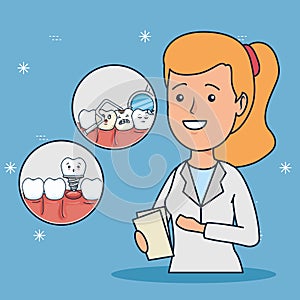 Dentist woman and teeth diagnosis with mouth mirror