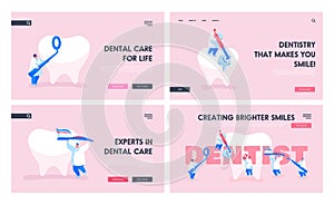 Dentist Work in Stomatology Clinic Landing Page Template Set. Tiny Doctors Characters Care of Huge Tooth