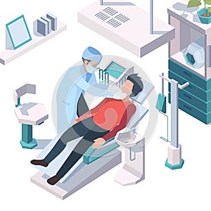 Dentist working. Doctor consulting patient recommendation for hygiene teeth dentist medical cabinet vector isometric