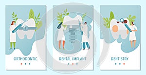 Dentistry concept banners, orthodontic care service and tooth implant in stomatology clinic, vector illustration