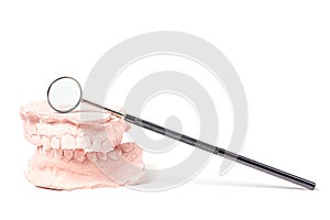 Dentistry concept. Plaster teeth with dental mirror isolated on white background