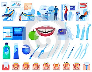 Dentistry, dental health vector illustration set, cartoon flat medical teeth healthcare infographic collection isolated