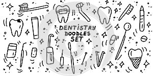 Dentistry doodles icon set. Hand drawn lines stomatology, dental, odontology cartoon collection. Teeth, dentures, orthodontic,