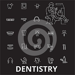 Dentistry editable line icons vector set on black background. Dentistry white outline illustrations, signs, symbols