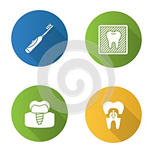 Dentistry flat design long shadow glyph icons set