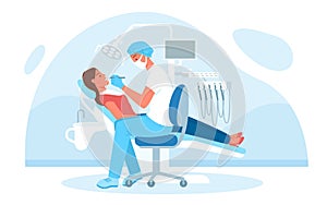 Dentistry medical checkup in hospital, doctor dentist in mask examining patient teeth