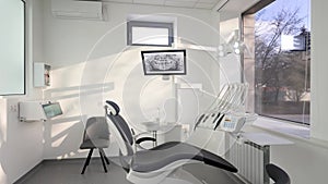 Dentistry office with professional modern equipment. Empty minimalistic stomatology office with dental unit, chair and