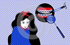 Dentistry service poster in pop art style.Cute young woman with dental braces on teeth.Orthodontics retainer or aligner.