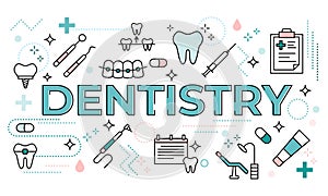 Dentistry word concept surrounded with line icons. Typography lettering design with outline signs for dental care, teeth